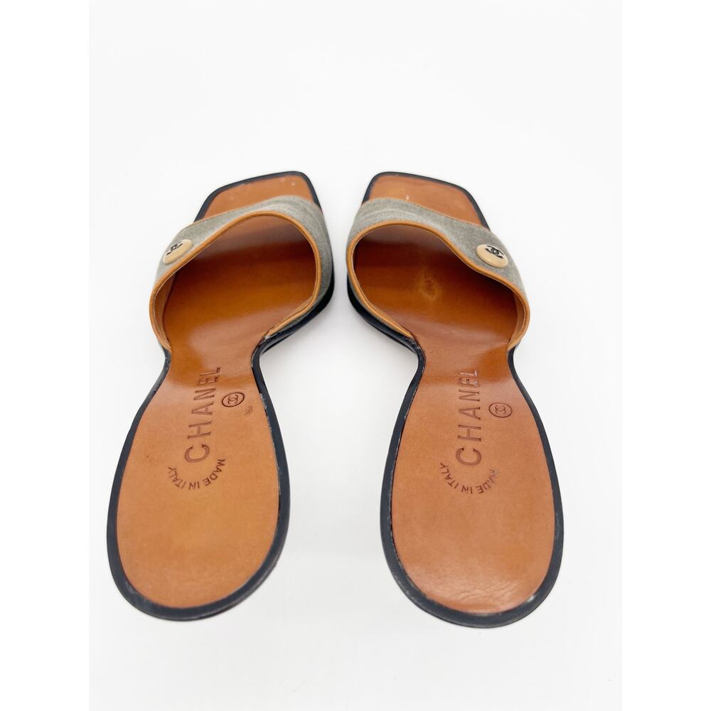 Chanel Vintage y2k Gray Canvas CC Logo Square Toe Mule Sandals Heels EU 37 - Picture 12 of 14